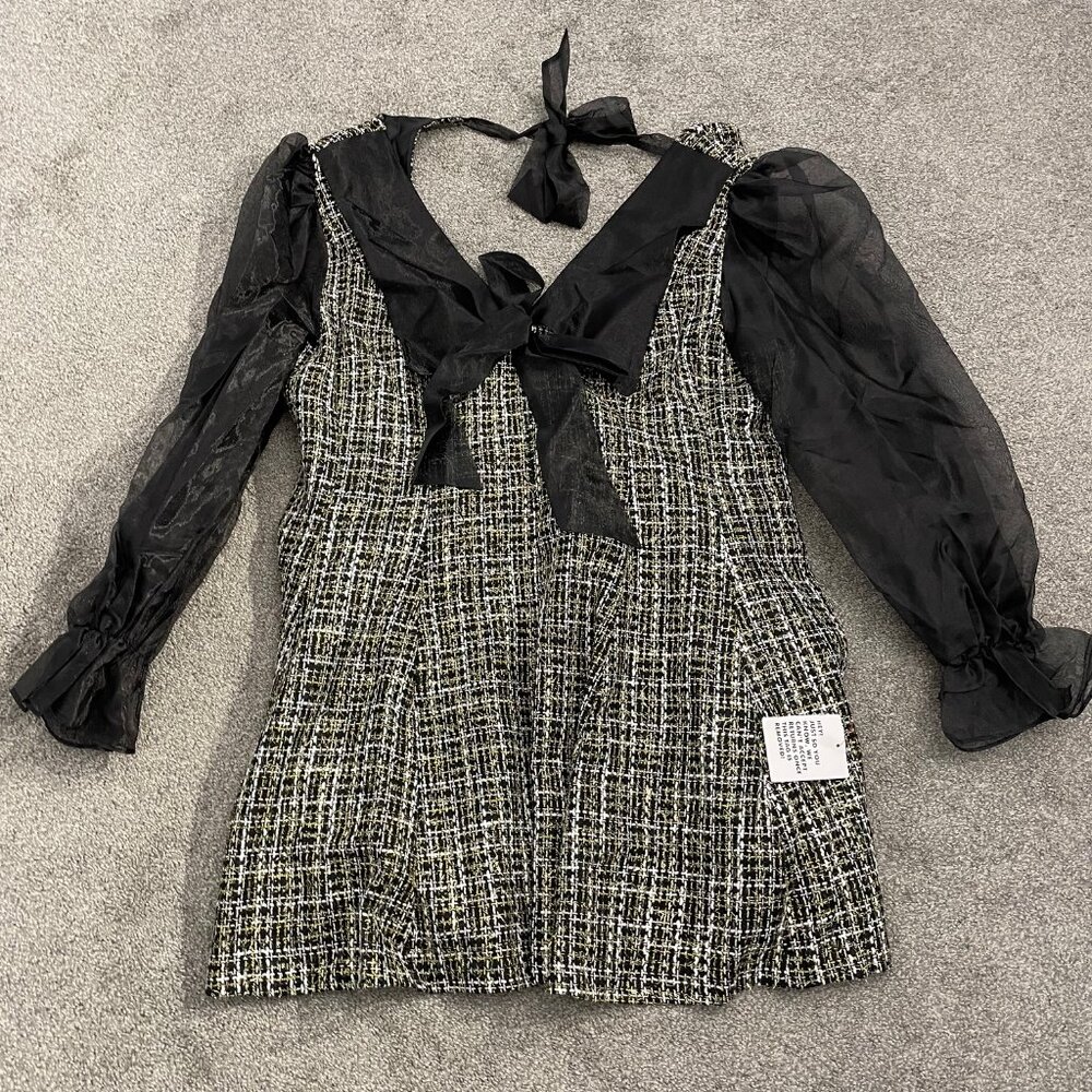 ASOS LUXE Glitter Boucle Dress with Organza Collar, Black, Womens Size XL, NWT